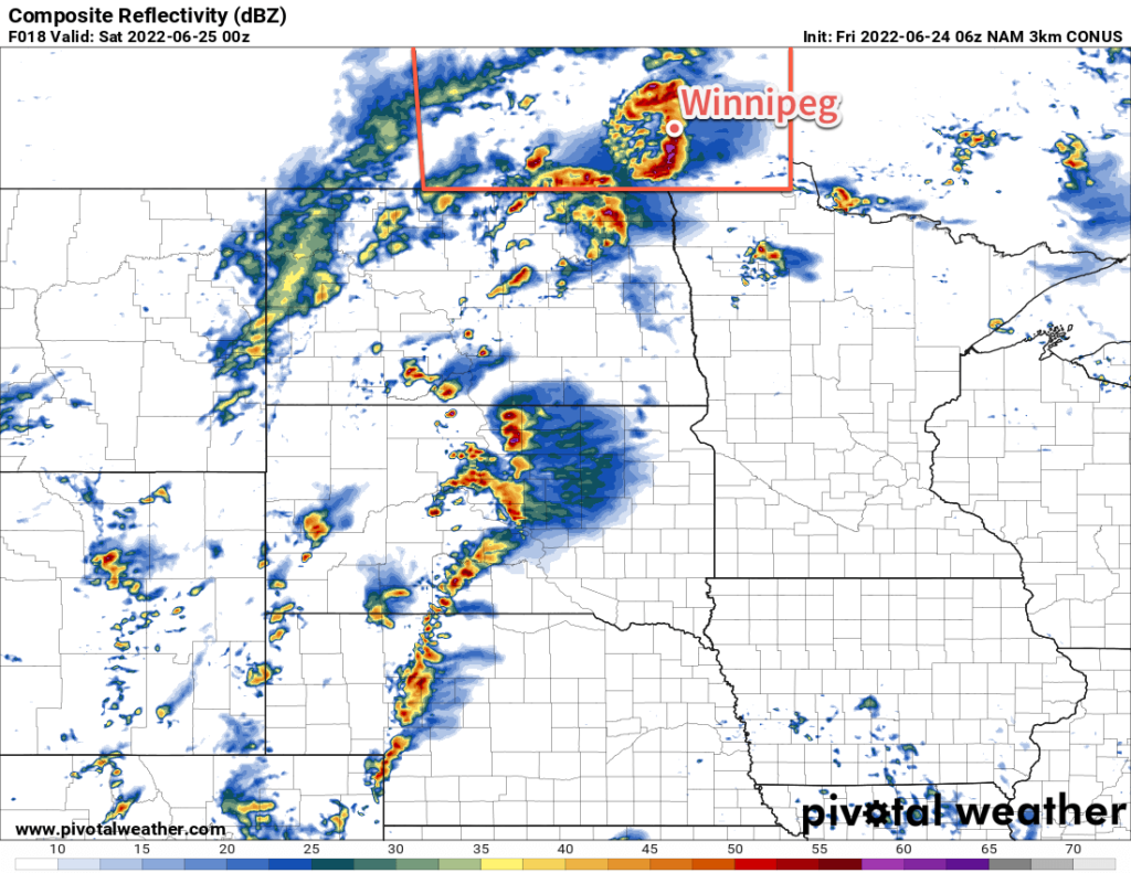 3km NAM Simulated RADAR Reflectivity valid 00Z Saturday June 25, 2022