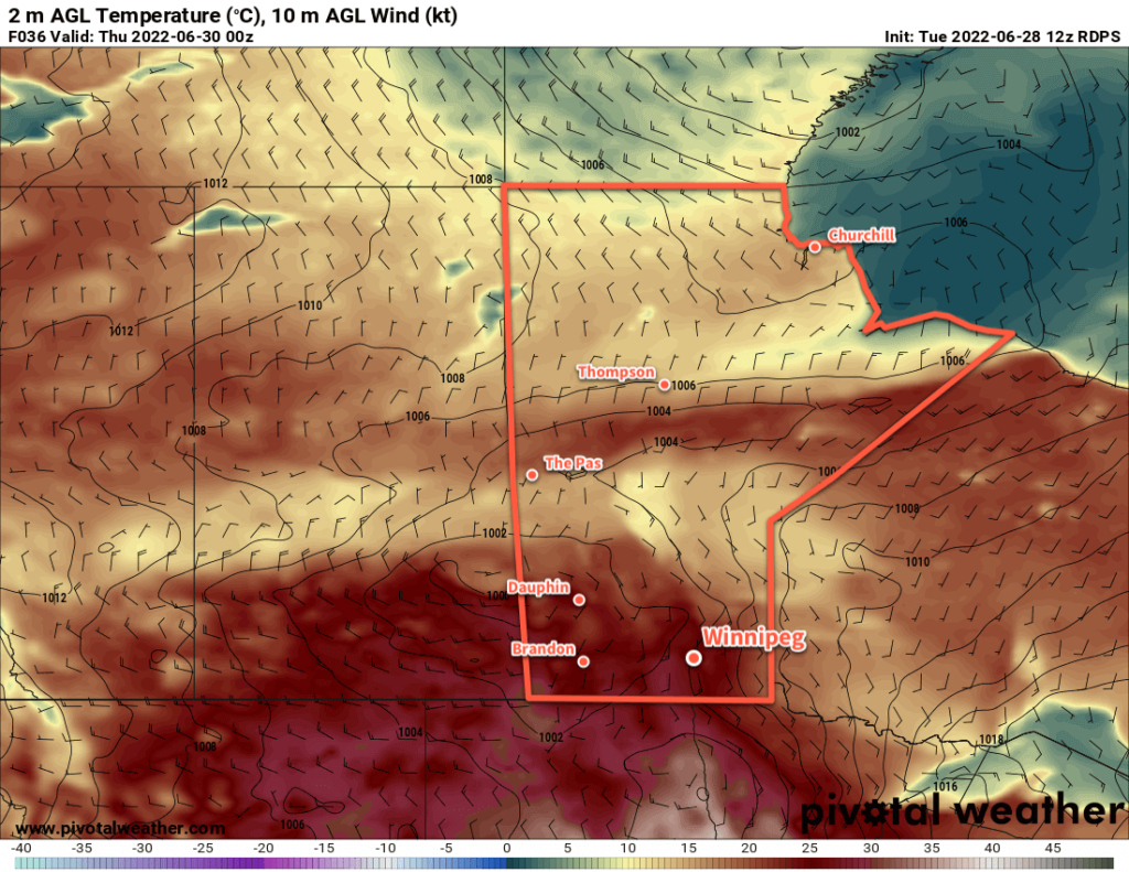 RDPS 2m Temperature Forecast valid 00Z Thursday June 30, 2022