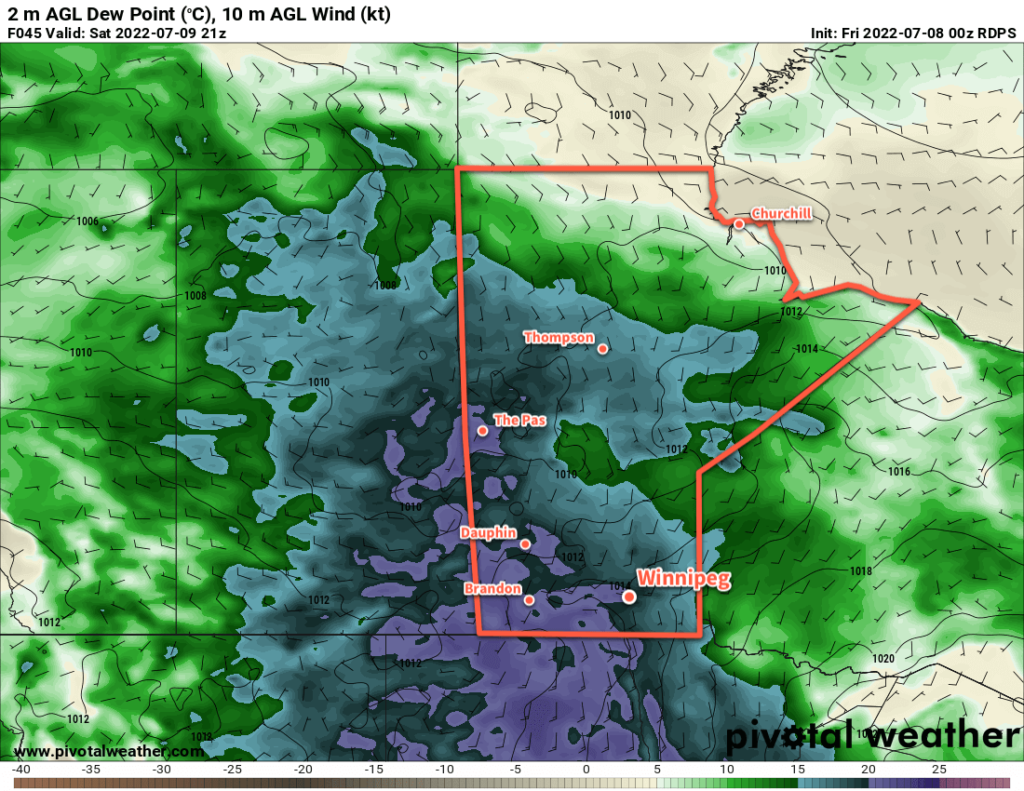 RDPS 2m Dew Point Temperature Forecast valid 21Z Saturday July 9, 2022
