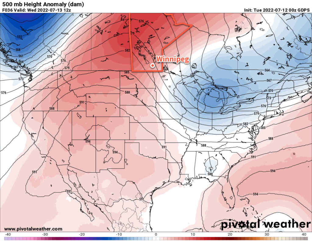 GDPS 500 mb Height Forecast (with Anomaly) valid 12Z Wednesday July 13, 2022
