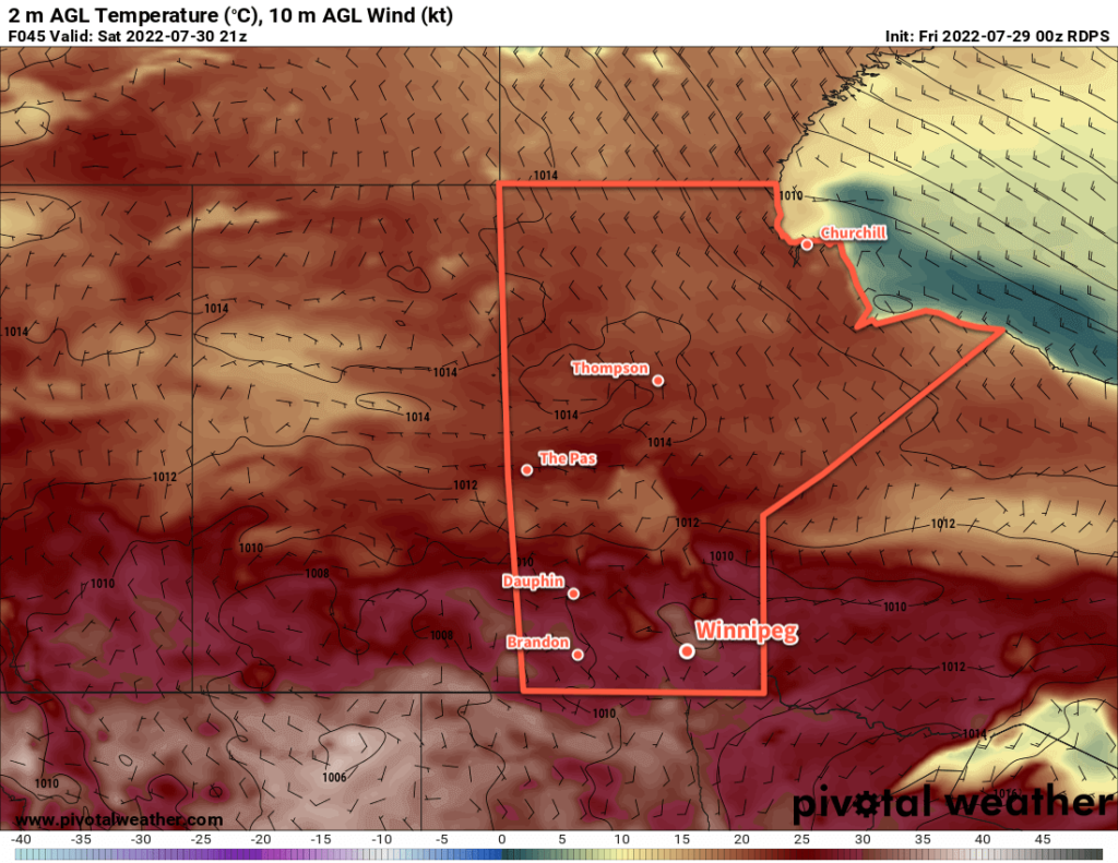 RDPS 2m Temperature Forecast valid 21Z Saturday July 30, 2022