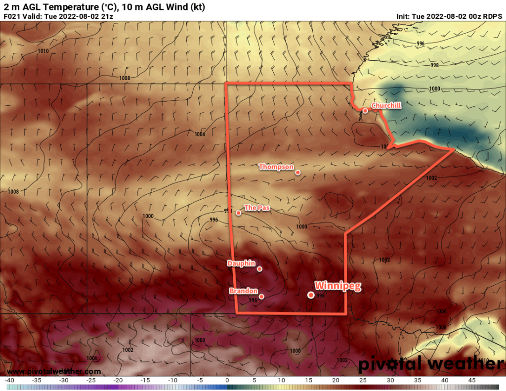 RDPS 2m Temperature Forecast valid 21Z Tuesday August 2, 2022