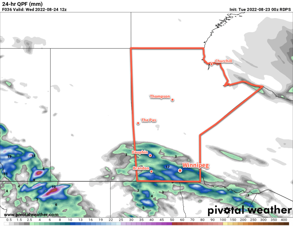 RDPS 24-hour Precipitation Accumulation Forecast valid 12Z Wednesday August 24, 2022