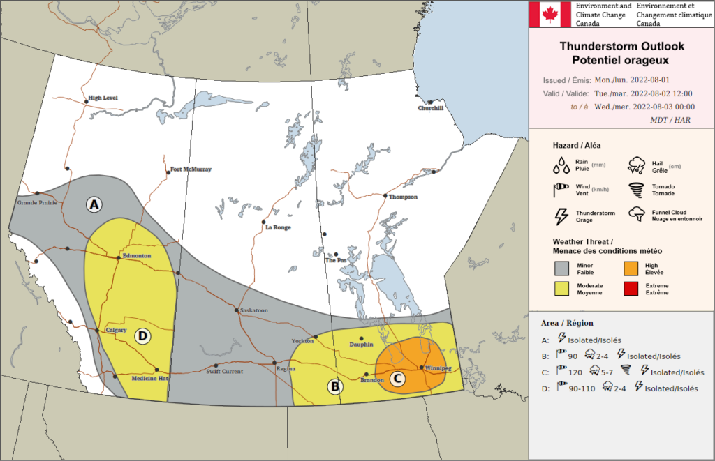 ECCC Prairie Thunderstorm Outlook valid 1:00PM to 1:00AM CDT