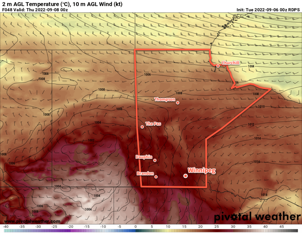 RDPS 2m Temperature Forecast valid 00Z Thursday September 8, 2022