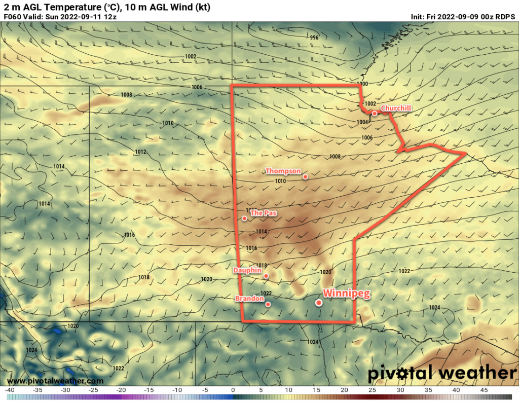 RDPS 2m Temperature Forecast valid 12Z Sunday September 11, 2022