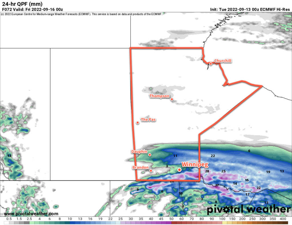 ECMWF Hi-Res 24-hr Precipitation Accumulation Forecast valid 00Z Friday September 16, 2022