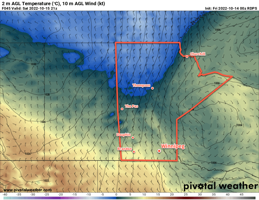 RDPS 2m Temperature Forecast valid 21Z Saturday October 15, 2022