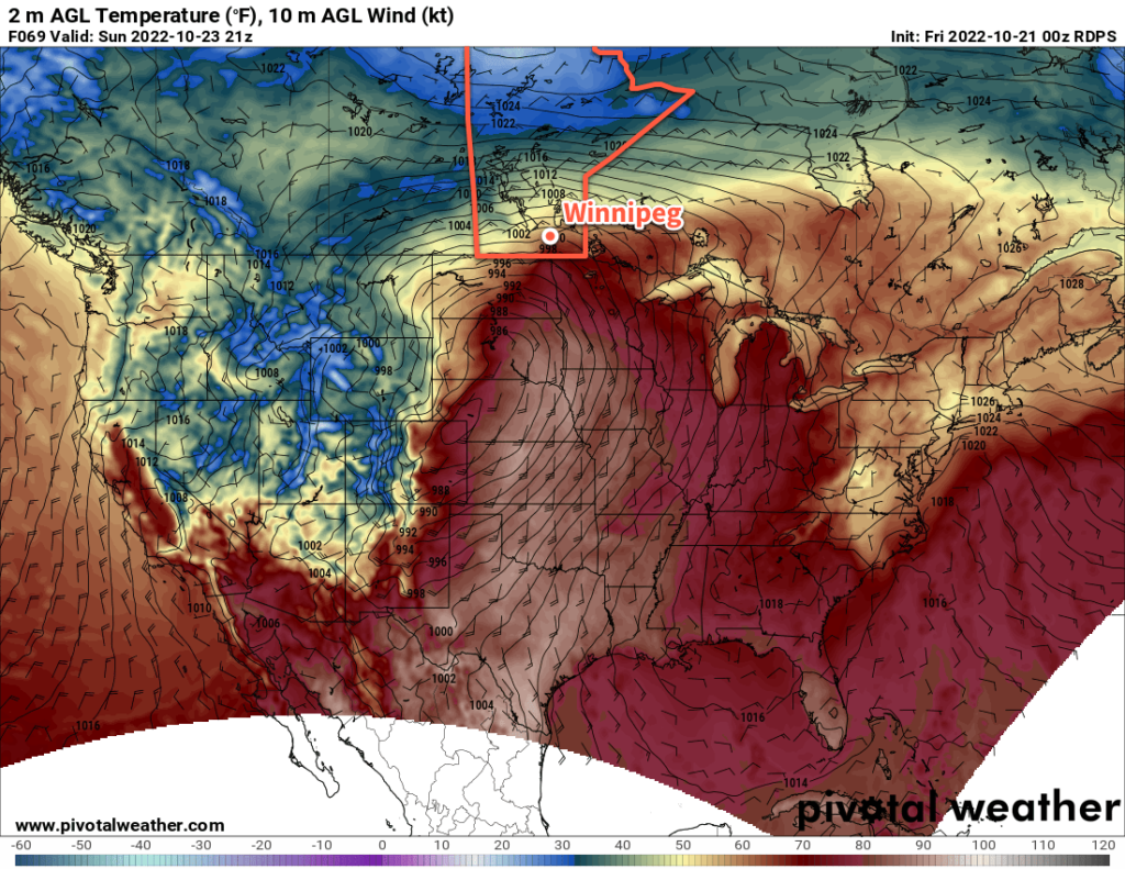 RDPS 2m Temperature Forecast valid 21Z Sunday October 23, 2022