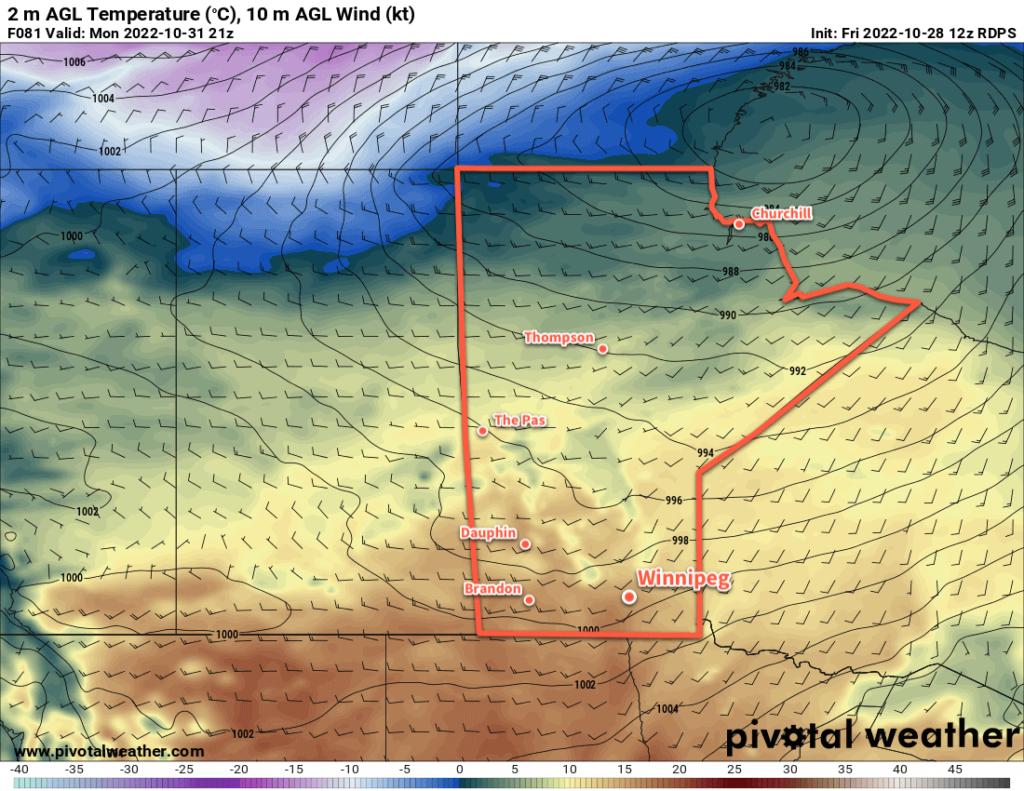 RDPS 2m Temperature Forecast valid 21Z Monday October 31, 2022