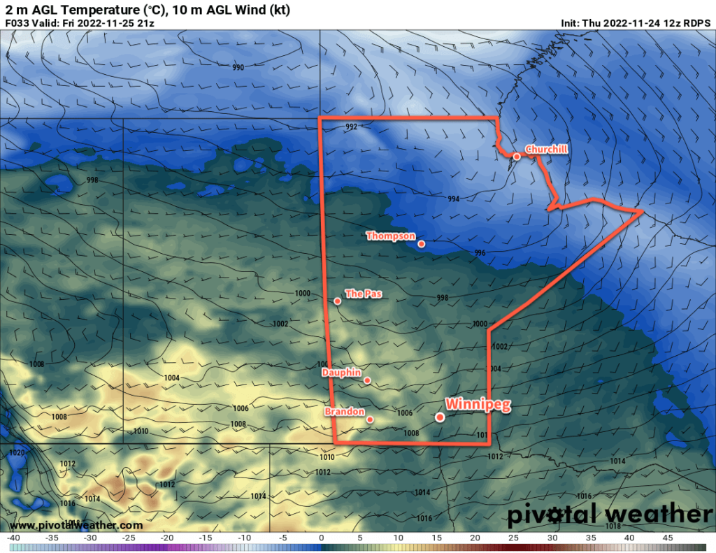 RDPS 2m Temperature Forecast valid 21Z Friday November 25, 2022