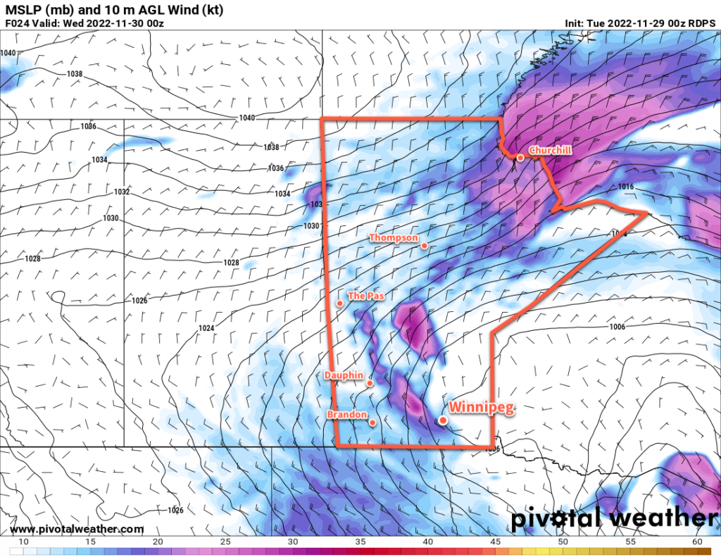 RDPS 10m Wind Forecast valid 00Z Wednesday November 30, 2022