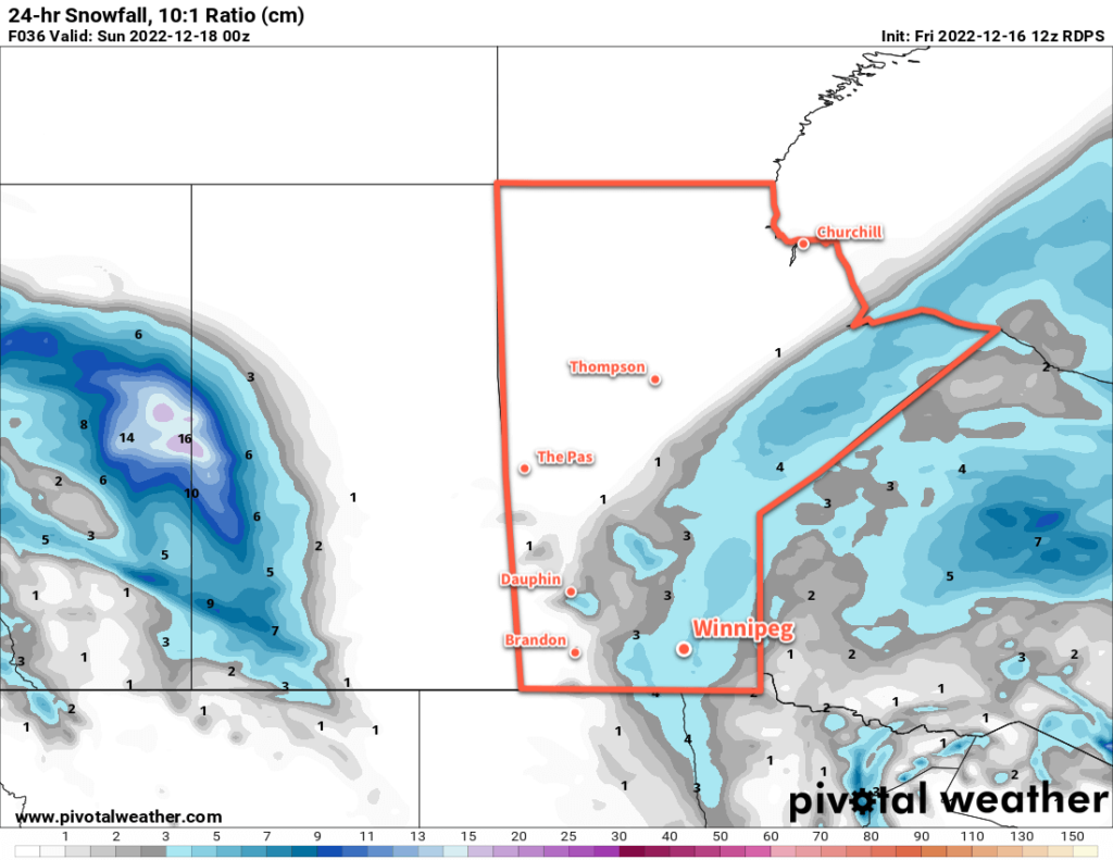 RDPS 24hr. Snowfall Accumulation Forecast valid 00Z Sunday December 18, 2022