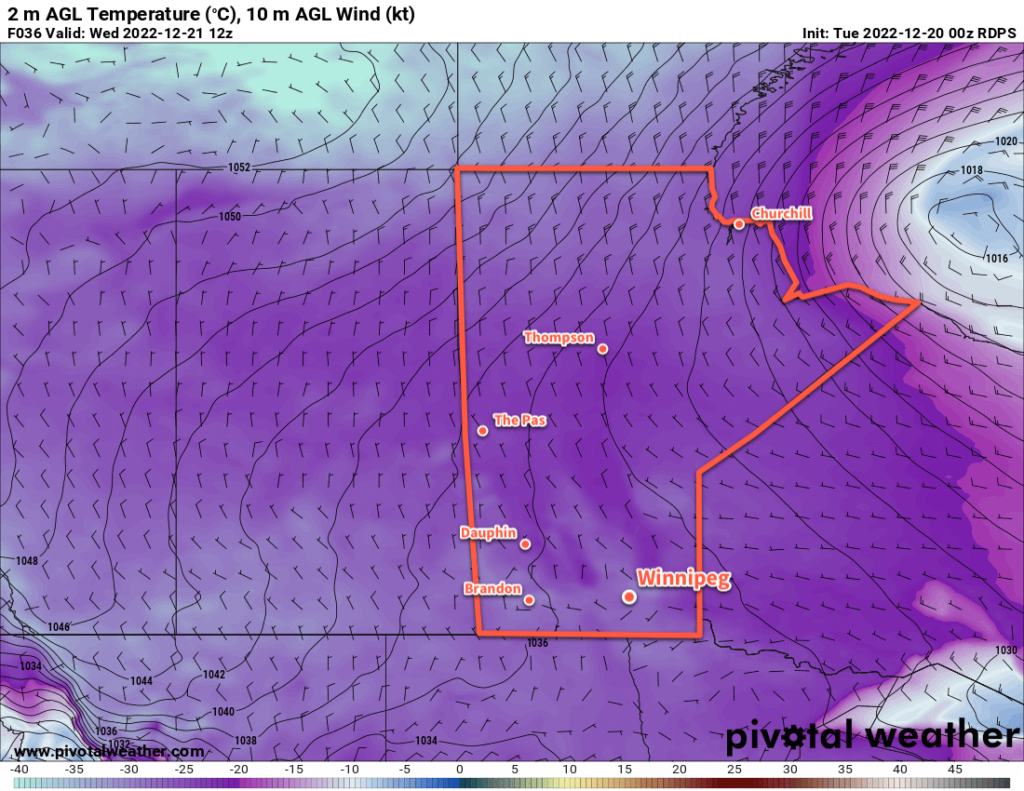 RDPS 2m Temperature Forecast valid 12Z Tuesday December 20, 2022