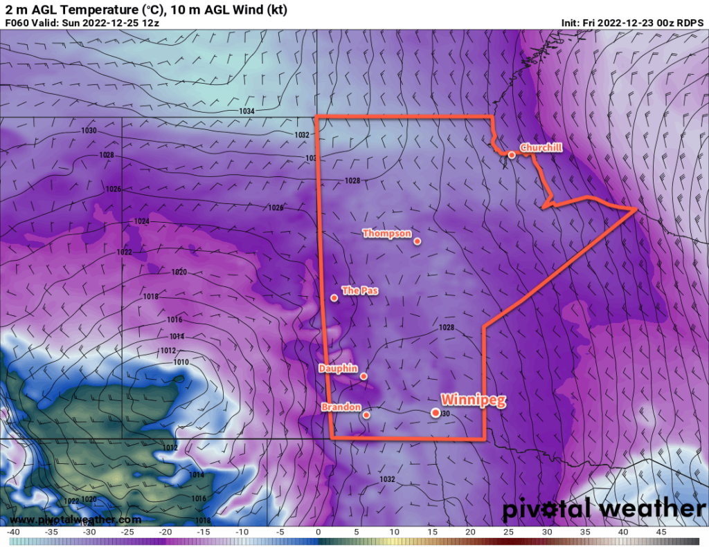 RDPS 2m Temperature Forecast valid 12Z Sunday December 25, 2022