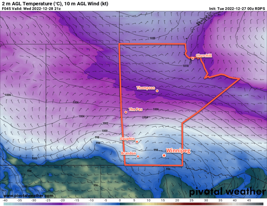 RDPS 2m Temperature Forecast valid 21Z Wednesday December 28, 2022