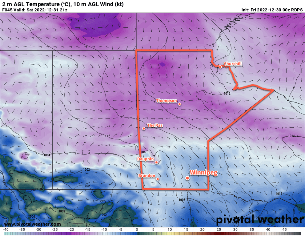 RDPS 2m Temperature Forecast valid 21Z Saturday December 31, 2022