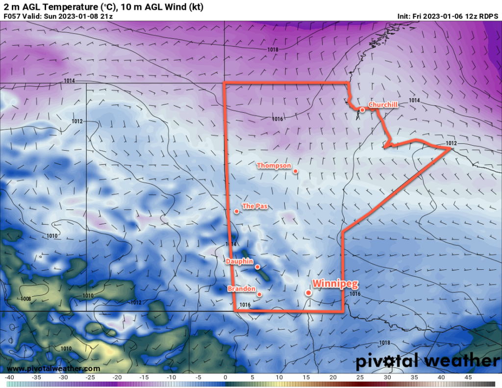 RDPS 2m Temperature Forecast valid 21Z Sunday January 8, 2023