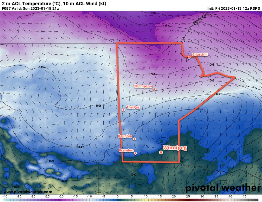 RDPS 2m Temperature Forecast valid 21Z Sunday January 15, 2023