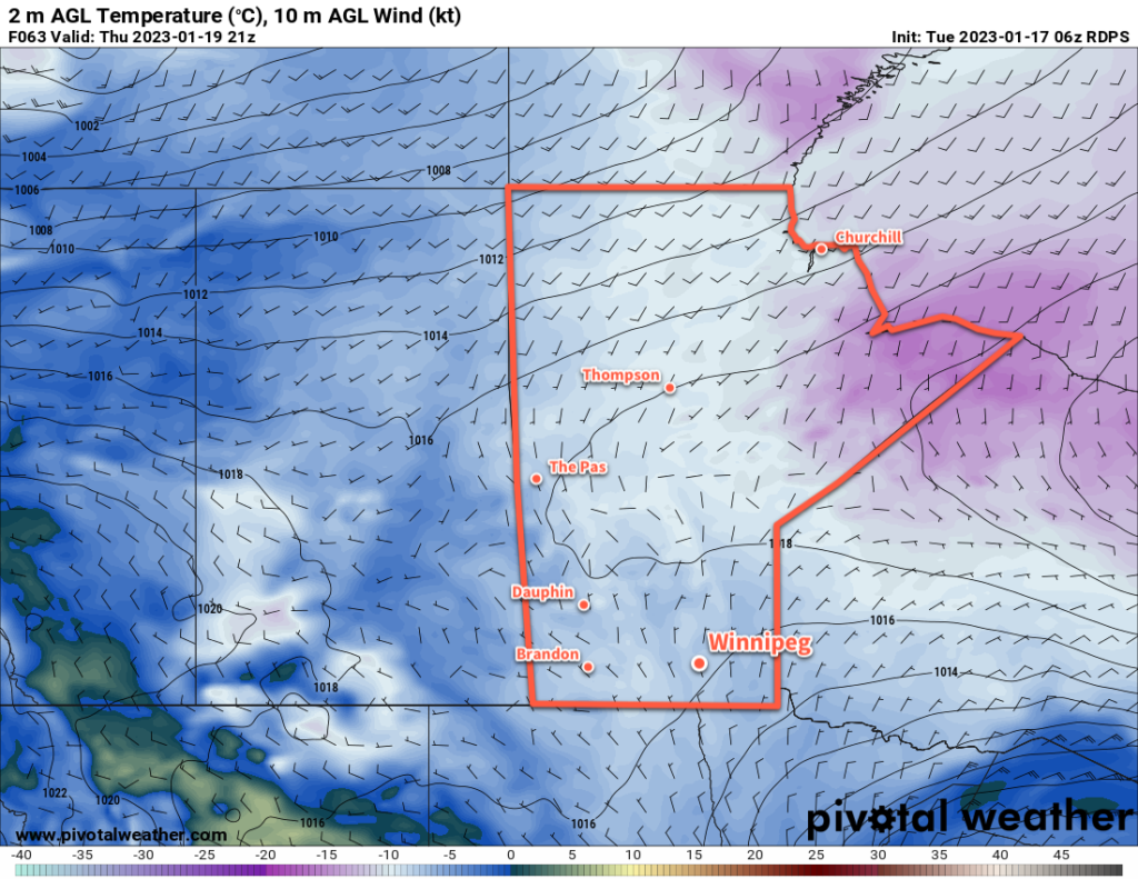 RDPS 2m Temperature Forecast valid 21Z Thursday January 19, 2023