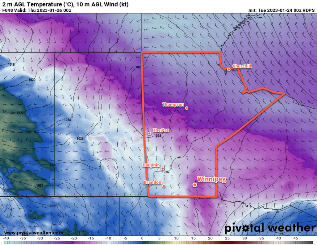 RDPS 2m Temperature Forecast valid 00Z Thursday January 26, 2023