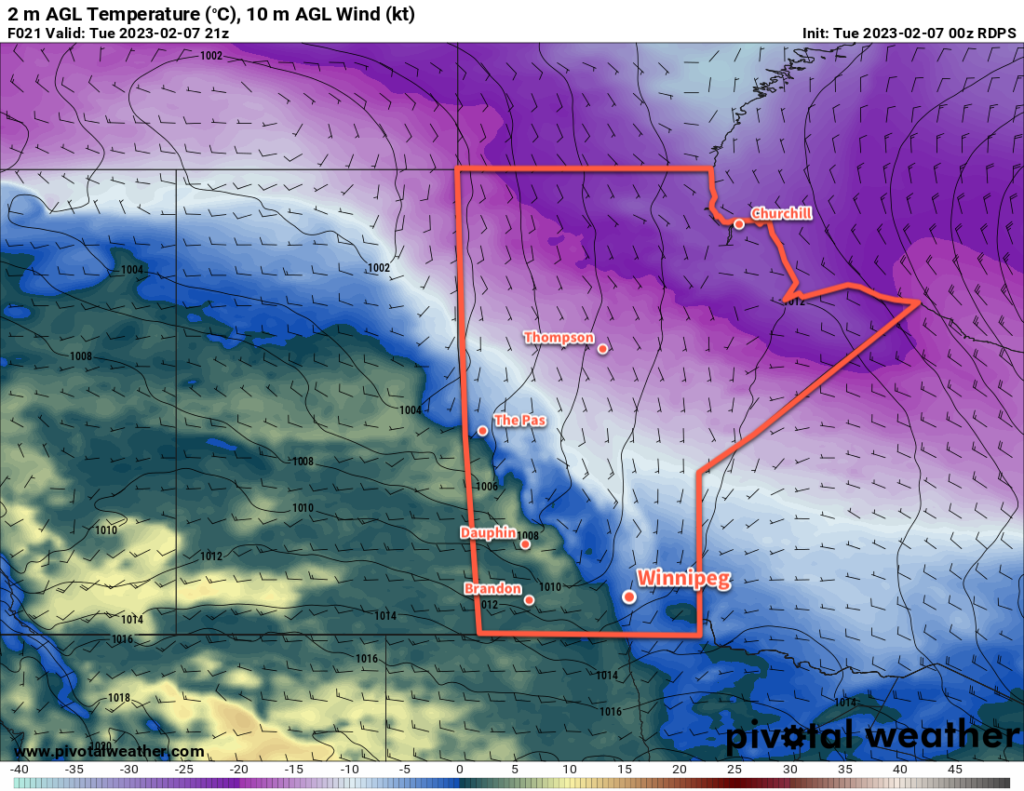 RDPS 2m Temperature Forecast valid 21Z Tuesday February 7, 2023