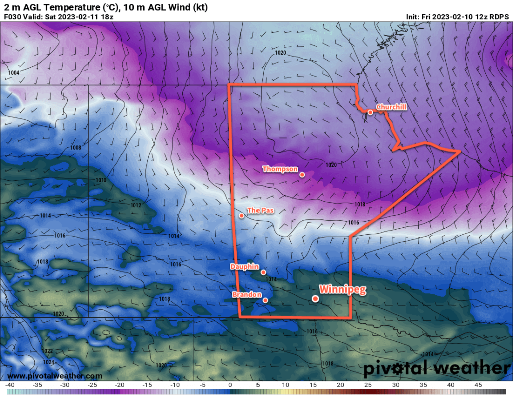 RDPS 2m Temperature Forecast valid 18Z Saturday February 11, 2023