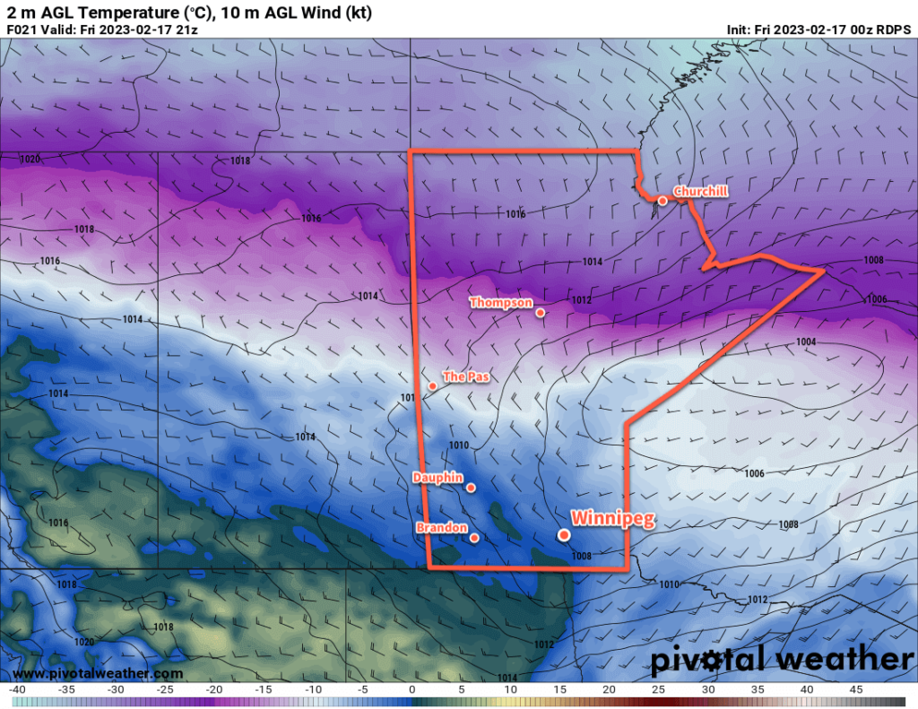 RDPS Forecast 2m Temperature valid 21Z Friday February 17, 2022