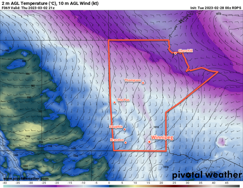 RDPS 2m Temperature Forecast valid 21Z Thursday March 2, 2023