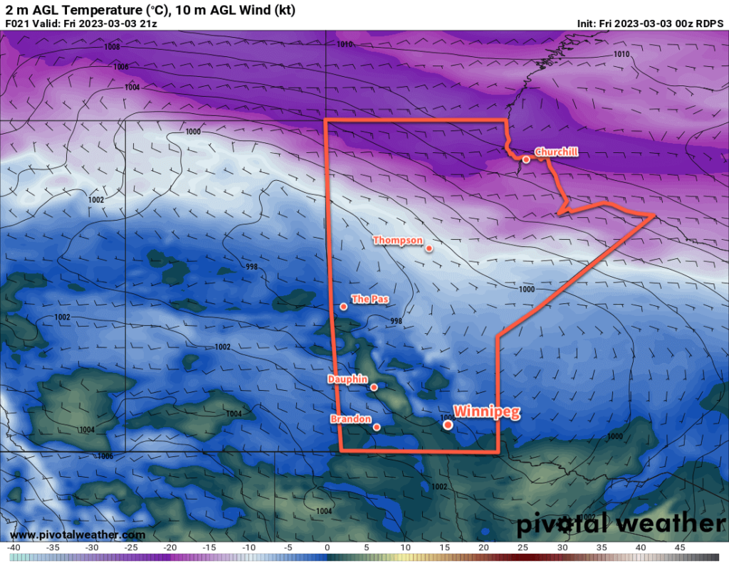 RDPS 2m Temperature Forecast valid 21Z Friday March 3, 2023