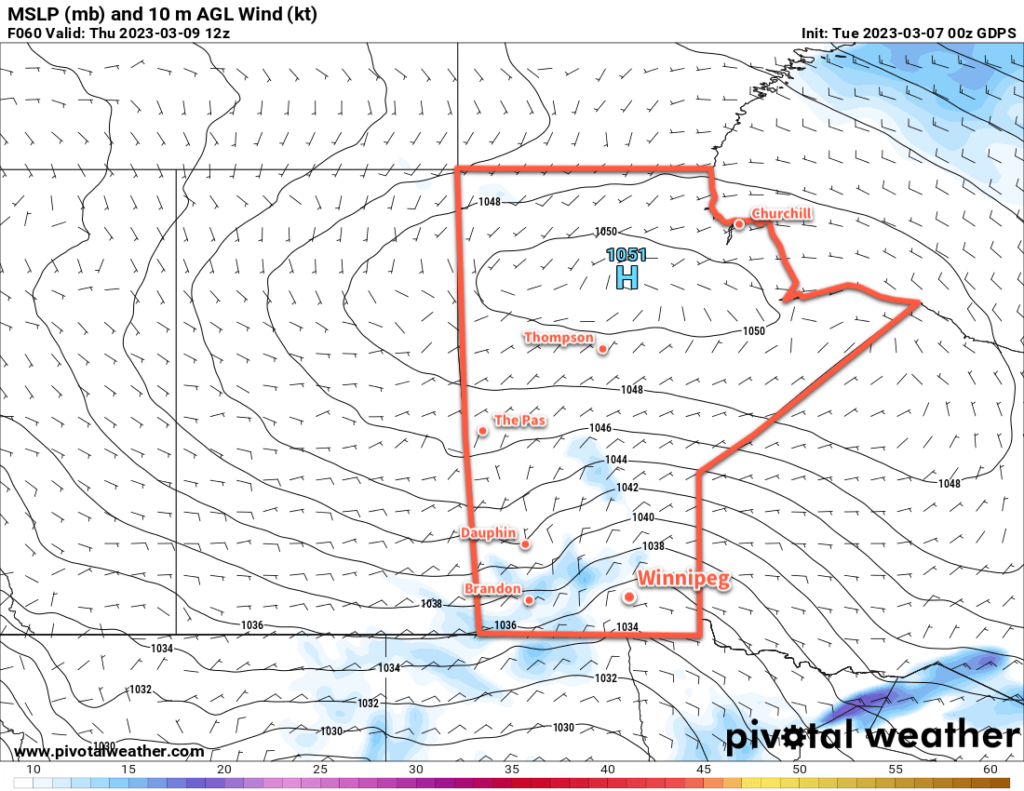 GDPS 10m Wind Forecast valid 12Z Thursday March 9, 2023