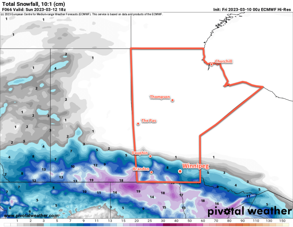 ECMWF Accumulated Snowfall Forecast valid 00Z Friday March 10, 2023 to 18Z Sunday March 12, 2023