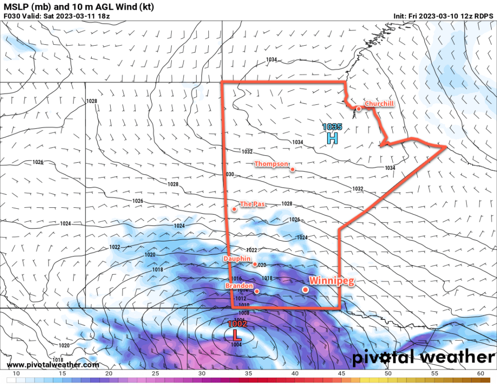 RDPS 10m Wind Forecast valid 18Z Saturday March 11, 2023