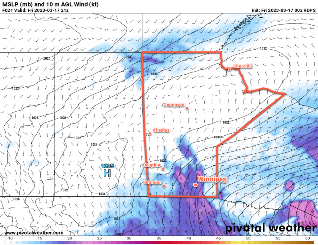 RDPS 10m Wind Forecast valid 21Z Friday March 17, 2023