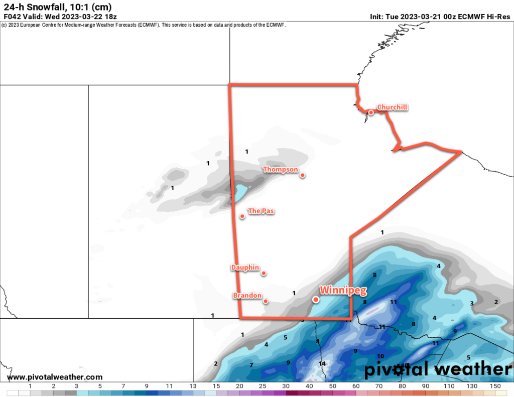 ECMWF 24-hr. Snow Accumulation Forecast valid 18Z Wednesday March 22, 2023