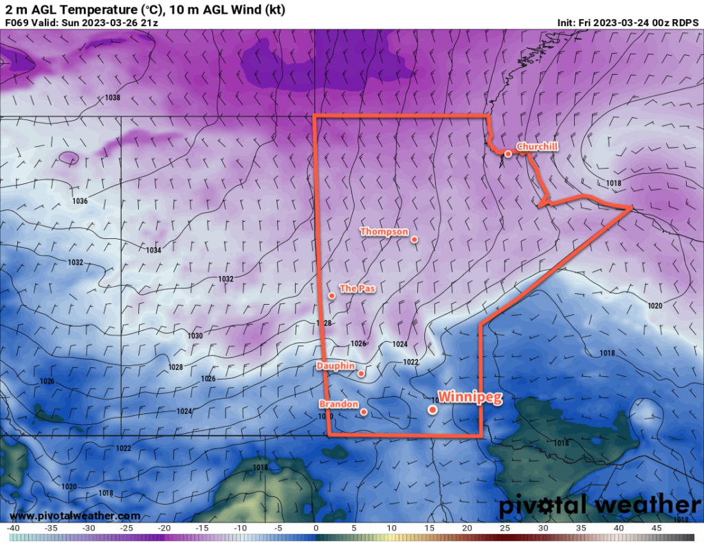 RDPS 2m Temperature Forecast valid 21Z Sunday March 26, 2023