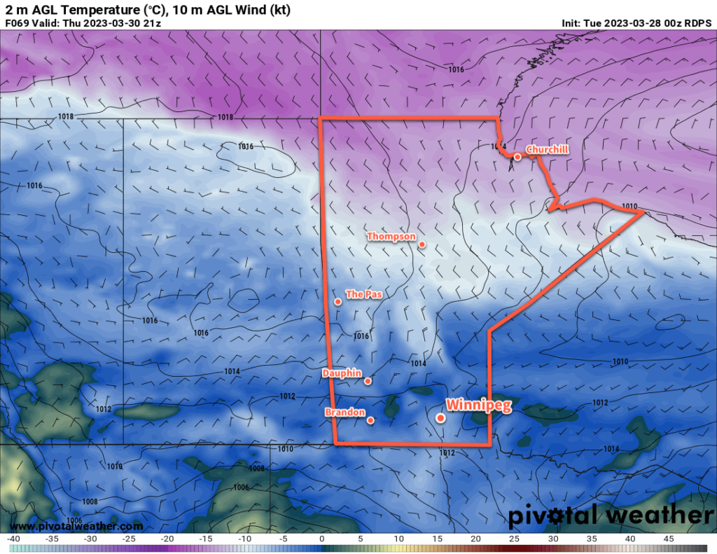 RDPS 2m Temperature Forecast valid 21Z Thursday March 30, 2023