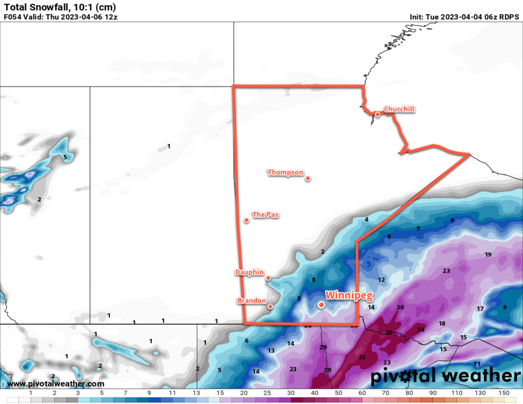 RDPS Total Accumulated Snowfall Forecast (10:1 SLR) valid 12Z Thursday April 6, 2023