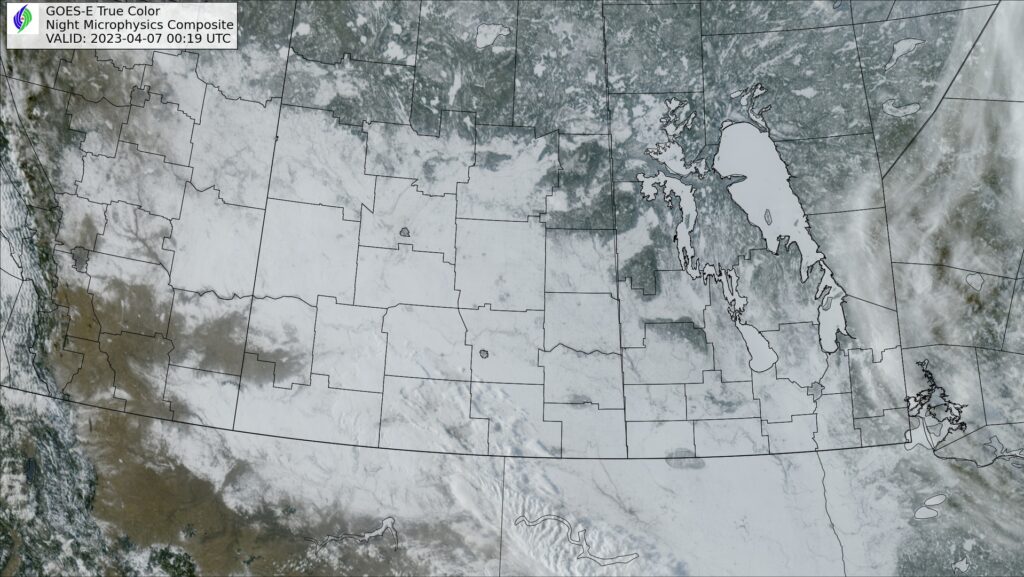 GOES-16 True Colour RGB Image of the Southern Prairies valid 0019Z Friday April 7, 2023