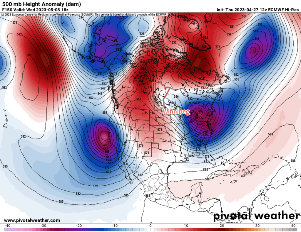ECMWF 500mb Heights and Height Anomaly Forecast valid 18Z Wednesday May 3, 2023