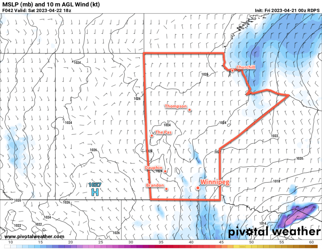 RDPS MLSP & 10m Wind Forecast valid 18Z Saturday April 22, 2023