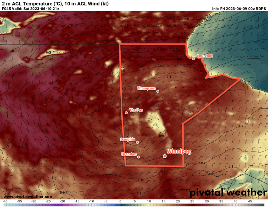 RDPS 2m Temperature Forecast valid 21Z Saturday June 10, 2023