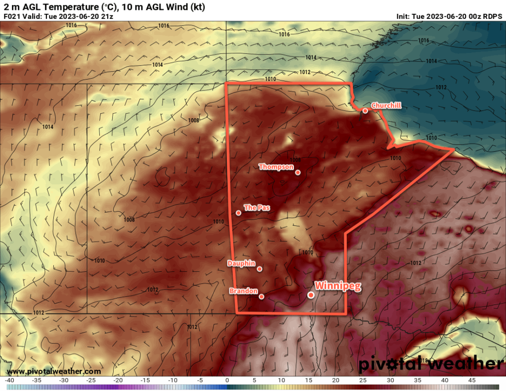 RDPS 2m Temperature Forecast valid 21Z Tuesday June 20, 2023