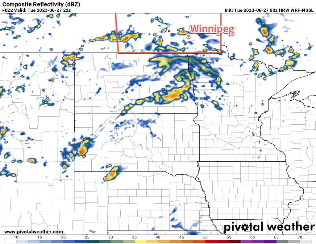 NSSL-WRF Simulated Reflectivity Forecast valid 22Z Tuesday June 27, 2023