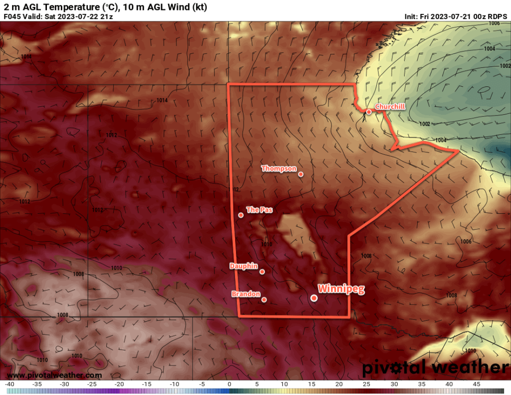 RDPS 2m Temperature Forecast valid 21Z Saturday July 22, 2023