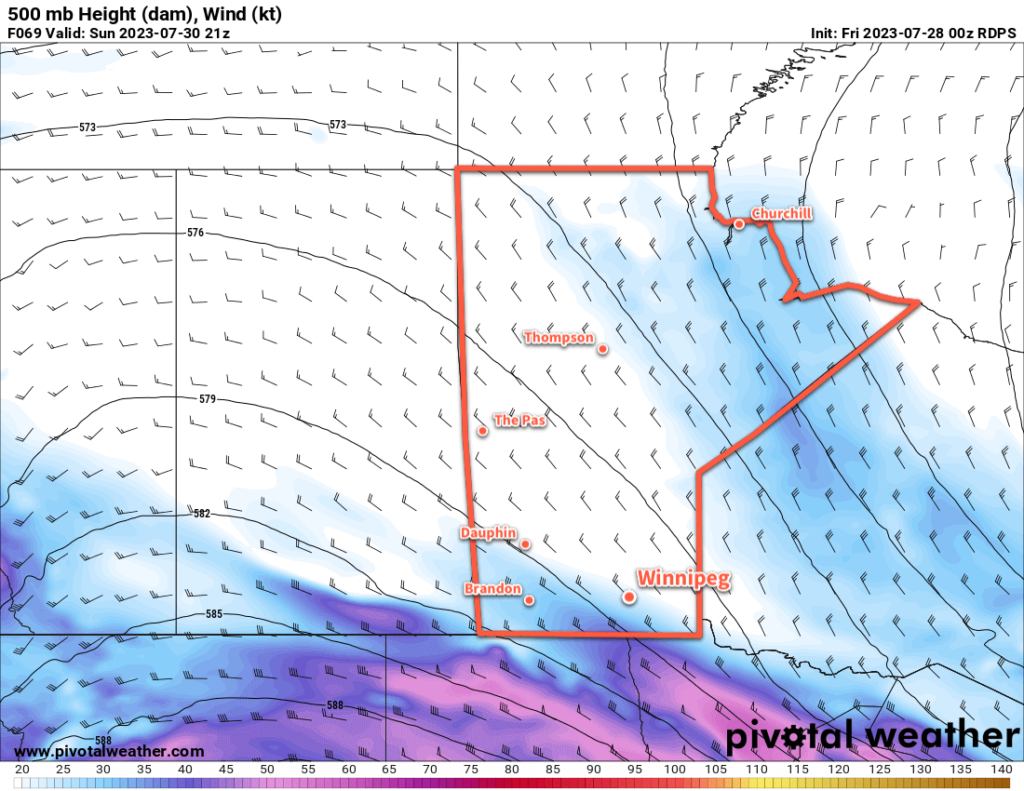 RDPS 500mb Height and Wind Speed Forecast valid 21Z Sunday July 30, 2023