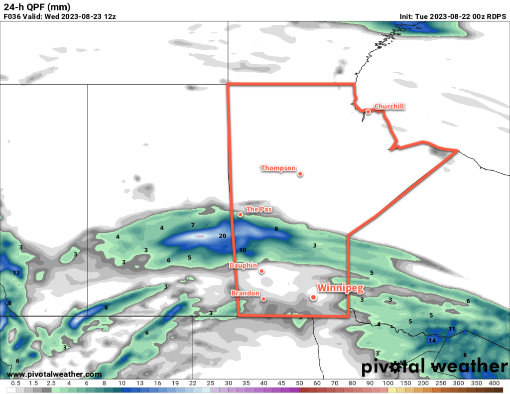 RDPS 24-hour Precipitation Accumulation Forecast valid 12Z Wednesday August 23, 2023