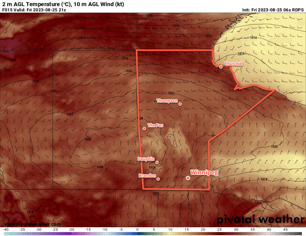 RDPS 2m Temperature Forecast valid 21Z Friday August 25, 2023