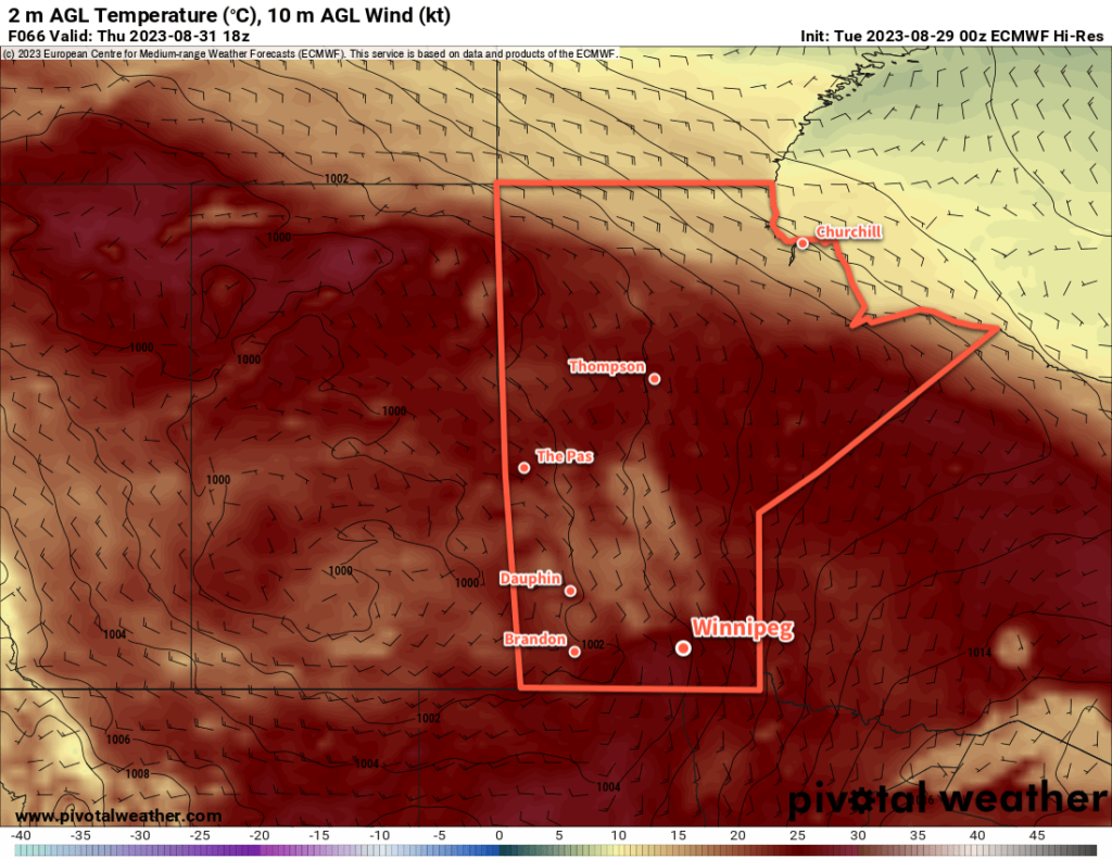 ECMWF 2m Temperature Forecast valid 18Z Thursday August 31, 2023