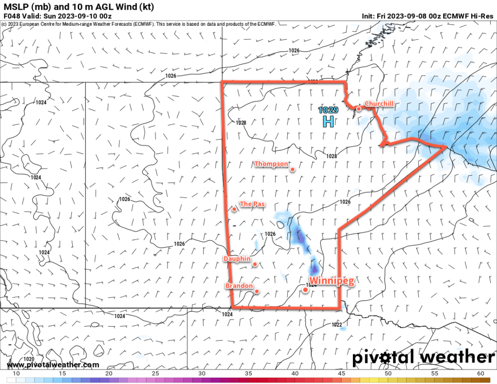 ECMWF 10m Wind and MSLP Forecast valid 00Z Saturday September 10, 2023